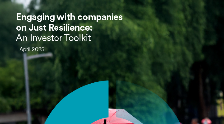 A person stands holding a red umbrella in floodwaters. In white text, it says "Engaging with companies on Just Resilience: An Investor Toolkit | April 2025."